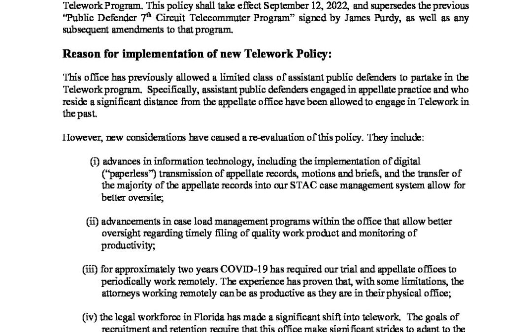 Telework policy Public Defender 7th Judicial Circuit